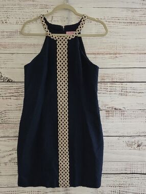 Lilly Pulitzer Sasha Navy Shift Dress with Gold Crochet Lace Detail Sz10